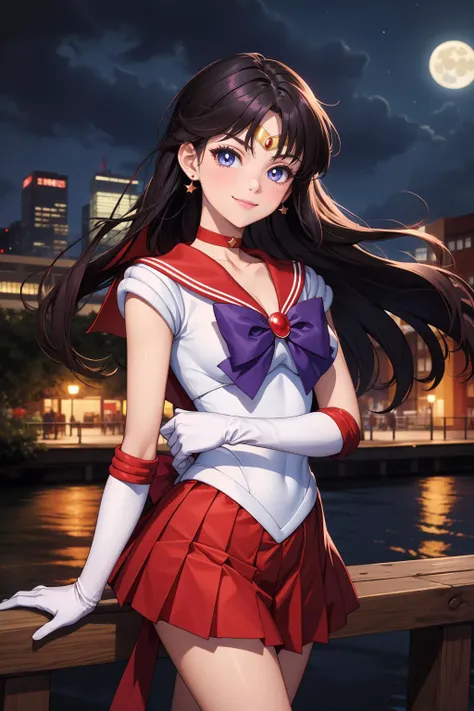 masterpiece, best quality, highres, absurdres, ultra detailed, pretty eyes,
sama1, tiara, sailor senshi uniform, white gloves, red sailor collar, red skirt, star choker, elbow gloves, pleated skirt, bare legs, purple bow
sanding arms_crossed, cowboy shot, night, outdoors, moon, smile, city,
<lora:sailor_mars_v1:0.7>