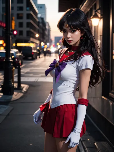 <lora:sailor_mars_v1:0.8>,1gril,standing,posing for a picture,full body,sama1,tiara,purple long hair,sailor senshi uniform,white gloves,red sailor collar,red skirt,elbow gloves,jewelry,earrings,outdoors,night,city,
masterpiece,best quality,highres,photorealistic,realistic,extremely detailed 8k wallpaper,highest detailed,8k,HDR,ultra detailed,professional light,cinematic lighting,fashion photography,ambient lighting,face lighting,