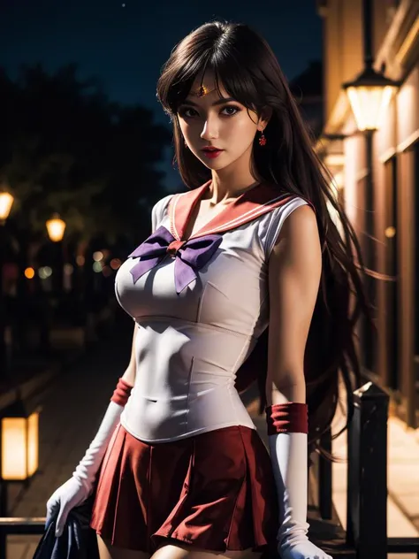 <lora:sailor_mars_v1:0.8>,1gril,standing,posing for a picture,cowboy shot,sama1,tiara,purple long hair,sailor senshi uniform,white gloves,red sailor collar,red skirt,elbow gloves,jewelry,earrings,outdoors,night,city,
masterpiece,best quality,highres,photorealistic,realistic,extremely detailed 8k wallpaper,highest detailed,8k,HDR,ultra detailed,professional light,cinematic lighting,fashion photography,ambient lighting,face lighting,