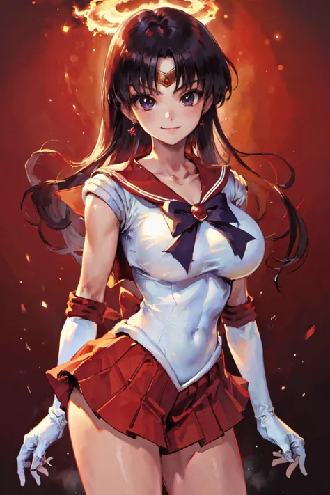 (masterpiece, best quality;1.3), ultra detailed, 1girl, solo, smile, looking at viewer,
<lora:sailor_mars_v1:0.7>, sama1, tiara, sailor senshi uniform, white gloves, red sailor collar, red skirt, large breast, mars, <lora:on_fire:0.6>human on fire