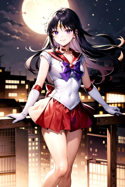 (masterpiece, best quality), highres, sama1, tiara, skirt, sailor senshi uniform, white gloves, red sailor collar, red skirt, star choker, elbow gloves, pleated skirt, bare legs, collarbone, purple bow, <lora:sailor_mars_v1:0.7>, standing, smile, moon, city
