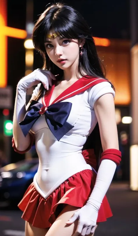 1girl,long hair, (high quality,8k,black hair, realistic, best quality,masterpiece,ultra detailed, absurdres)1.5,<lora:sailor_mars_v1:0.9>,((sama1, tiara, sailor senshi uniform, white gloves, red sailor collar, red skirt)),night city,white gloves,Purple Bow,Purple eye, (magic world,fire),high high heels,