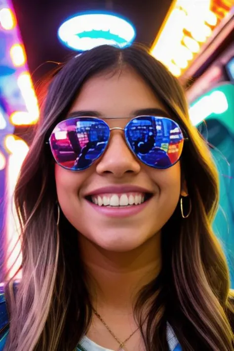 ((wide angle)) ((movie poster)), jenna ortega, Mirrored_Aviators, ((wearing casual grunge clothes)) ((at an arcade)), ((looking at camera)), big smile, visumm-3000, Detailed, Detailed pretty face, Sharp Focus, (Detailed and intricate), Leica 35mm F2.8, Fuji Superia Reala 100<lora:Mirrored_Aviators:1.0>