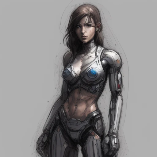 artistic sketch of a female cyborg with pretty face, white, blue, metal, big breasts, sharp, extreme detailed, HD, 8k, maximalist, ornate, simple, concept art