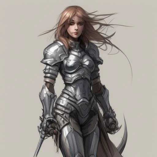 artistic sketch of a female knight with pretty face, (colorfull), white, blue, metal, small breasts, sharp, extreme detailed, HD, 8k, maximalist, ornate, simple, concept art