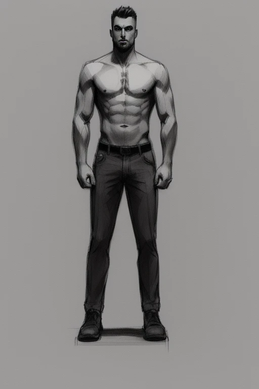 sketch of a guy, shirtless, sharp shadows, deep contrasting colors, nice face, nice hands, high detail, (((full body))), 5 fingers, 2 arms, 2 legs, 1 head, 2 feet