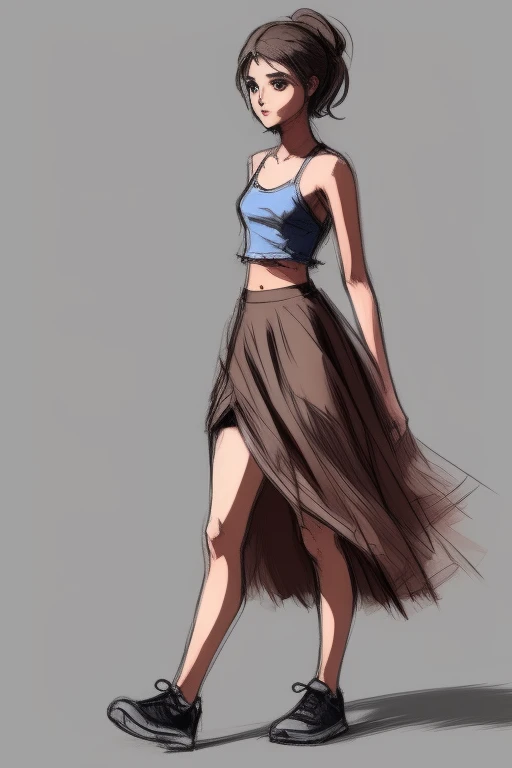 sketch of a pretty girl, nude , teenager, cute skirt, messy hair, sharp shadows, deep contrasting colors, nice hands, nice face, clean lines, high detail, colorful, full body