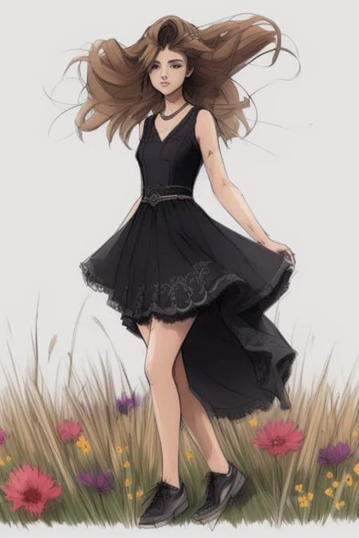 sketch of a pretty girl, long hair, pretty dress, dancing in a field of flowers, sharp shadows, deep contrasting colors, nice hands, nice face, clean lines, high detail, colorful, full body