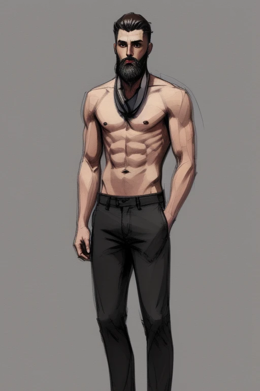 sketch of a slender guy, ,fit, shirtless, stylish beard, medium length hair, sharp shadows, deep contrasting colors, nice face, nice hands, high detail, (((full body))), 5 fingers, 2 arms, 2 legs, 1 head, 2 feet