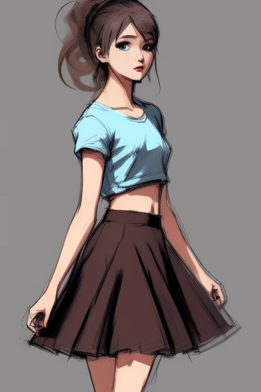 sketch of a pretty girl, nude , teenager, cute skirt, messy hair, sharp shadows, deep contrasting colors, nice hands, nice face, clean lines, high detail, colorful, full body