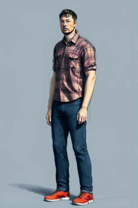 sketch, full body, young male, elon musk face, standing side to the viewer, relaxed pose, ((red)) checked plaid shirt, tourist backpack, free hands, looking to the viewer, gray background