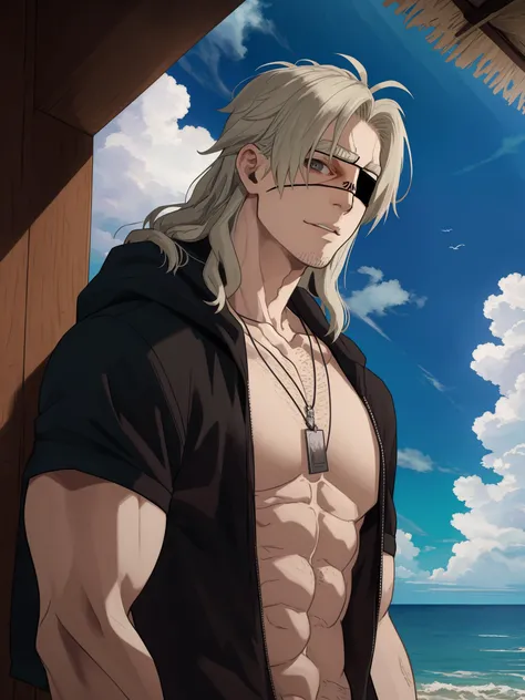 face,black-eyepatch,worick,male focus, 1boy, dog tags, sky, day, cloud, outdoors, beach, pectorals, looking at viewer,ocean, muscular male,<lora:worick:1>, masterpiece, best quality,