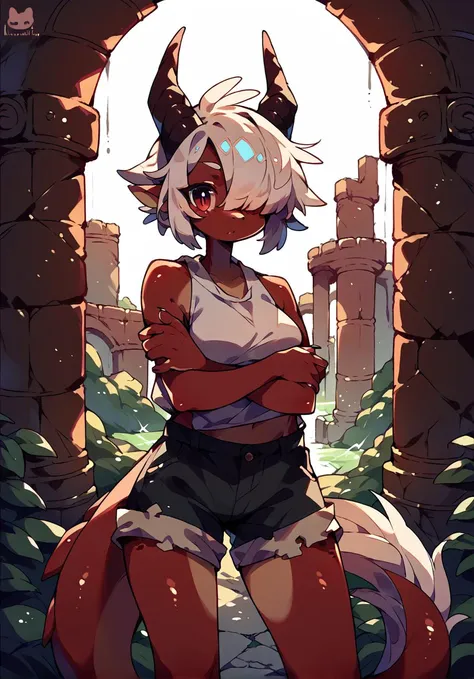 score_9,score_8_up,score_7_up,score_6_up,score_5_up,score_4_up rating_questionable, ruins, <lora:pose_handonownarm_ponyXL:0.8> hand on own arm, inspired, vermilion hair, anthro dragon girl, sleeveless top,bermuda shorts, hair over one eye, <lora:Uenomigi-v1-PDXL:1>,