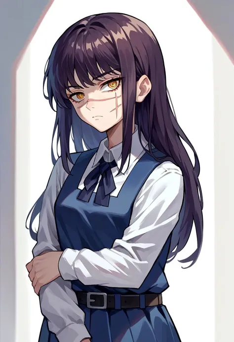 score_9, score_8_up, score_7_up, source_anime, solo, 1girl, csmyoru, scar on face, expressionless, looking at viewer, hand on own arm, yellow eyes, ringed eyes, school uniform, pinafore dress, white shirt, ribbon, long sleeves, belt <lora:csm_yoru_ponyXL:1>
<lora:pose_handonownarm_ponyXL:1>