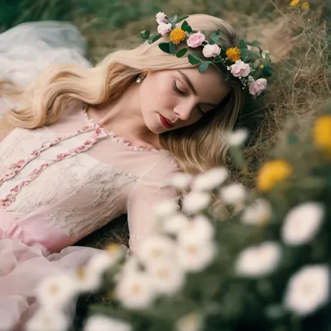 a beautiful 8 year old blonde girl sleeping on the grass in a lush forest, wearing a flowy white dress, Full body shot from above, (Best Quality,4k,8k,high resolution,Masterpiece:1.2),ultra detailed,(realist,photorealist,photo-realist:1.37),HDR,studio lighting,extremely detailed face and eyes,long eyelashes,natural light,forest landscape,golden hour,warm color tones