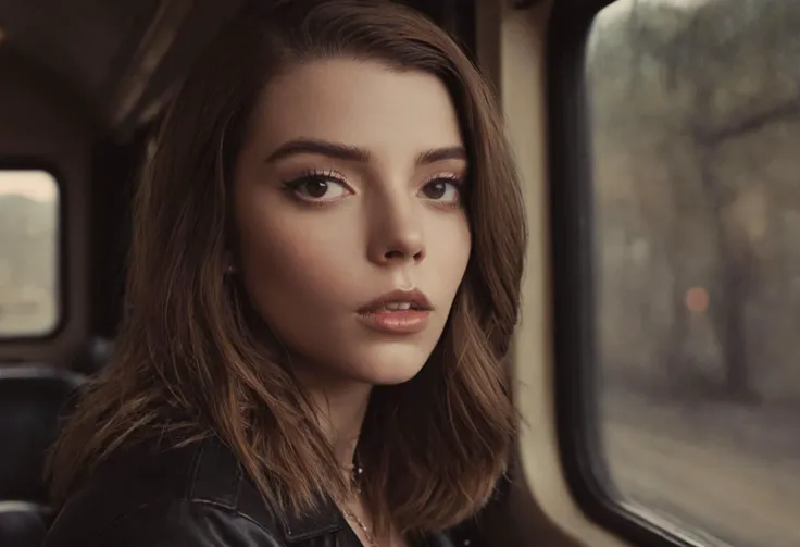 Close-up portrait of anya taylor joy, with shoulder-length, layered brunette hair, gazing intently out of a train window, wearing a dark leather jacket, with natural skin tones and a subtle makeup look, cinematic lighting with warm tones, film grain, sharp focus, 32k, (((masterpiece))) (((ultimate quality))), highest texture resolution, photorealistic, professional, over-the-shoulder perspective, reflective window pane, bokeh, exquisite beauty, dramatic setting, depth of field, in the style of Gregory Crewdson and Richard Avedon
big breasts, perfect big ass, perfect fit body, hdr,toned abs,detailed hair,nsfw,hourglass body shape,photo realistic,hyperdetailed, detailed skin, highly detailed, hyperrealism ,narrow waist, shiny skin,bold brown eyebrows, eyeliner, smokey eyeshadow, blush,detailed skin,detailed anatomy,detailed face and eyes, jewerly,detailed hair,
SK_CINEMATIC, <lora:add-detail-xl:1>, <lora:add_detail:1>, <lora:JuggerCineXL2:1>, <lora:anya_lora_sdxl_v1:1>