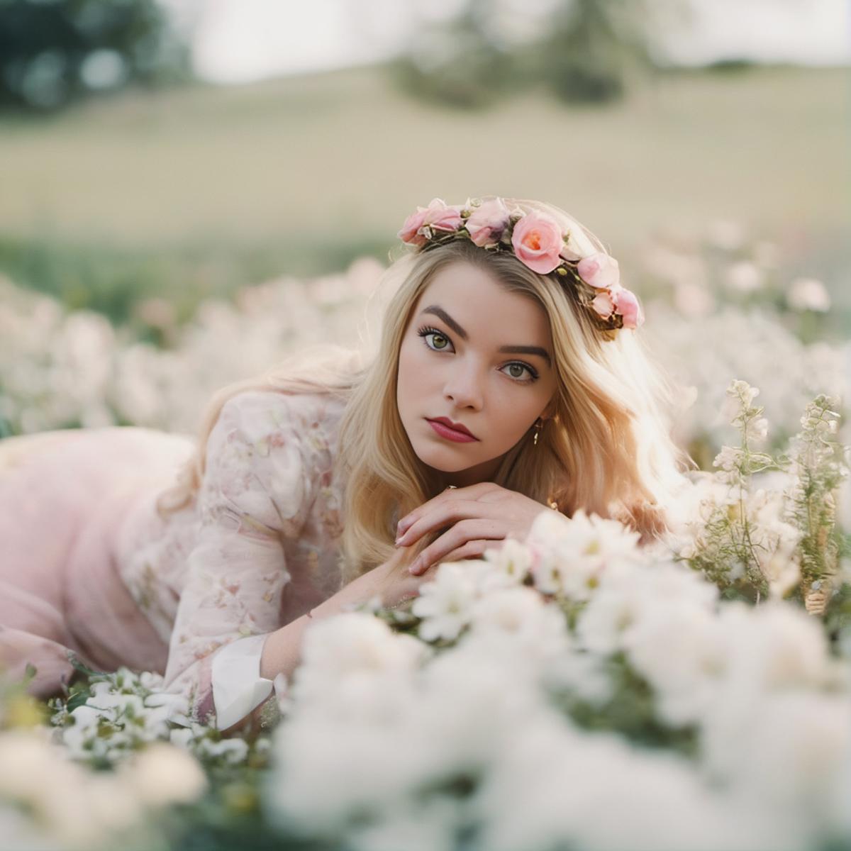 A woman laying in a field of flowers with a flower crown - SeaArt AI