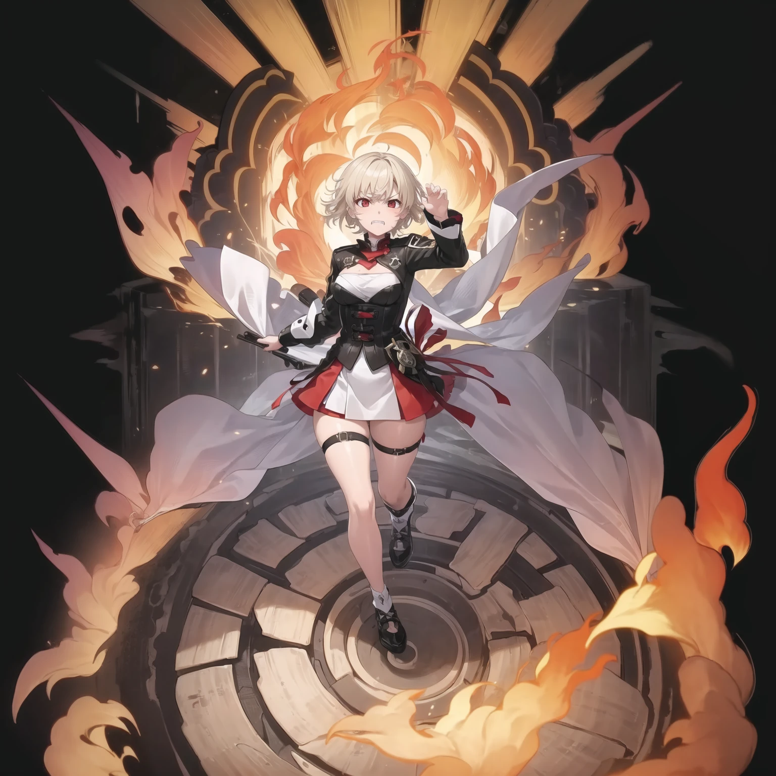 1girl, angry, clenched teeth, red eyes. fire, blood on face, blood on clothes, blonde hair, short hair, full body, white background, simple background, <lora:STARRAIL-10:1>