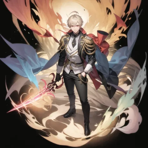 1boy, solo, male focus, weapon, holding, holding weapon, holding sword, red eyes, sword, pants, jacket, black gloves, black footwear, cape, white background, boots, gloves, simple background, black pants, closed mouth, blonde hair, long sleeves, shirt, standing, red cape, full body, grey jacket, sketch, open jacket, vest, bangs, looking at viewer, black shirt, brown jacket