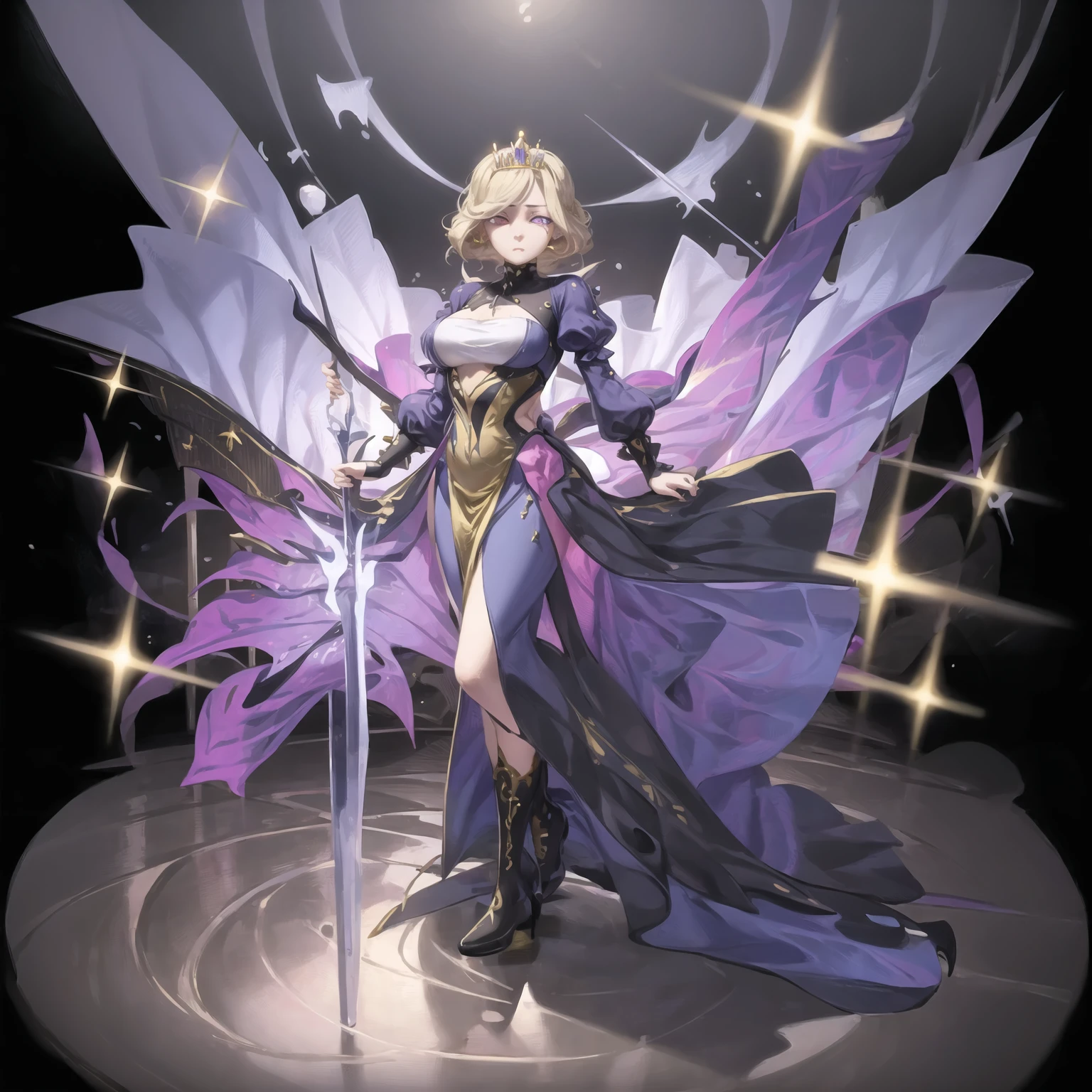 1girl, solo, dress, purple eyes, white background, tired, full body, looking at viewer, gold embroidery, gold, tiara, purple dress, black dress, boots, standing, black footwear, simple background, long sleeves, blonde hair, long dress, high heels, puffy sleeves, short hair <lora:Kayata-10:1>