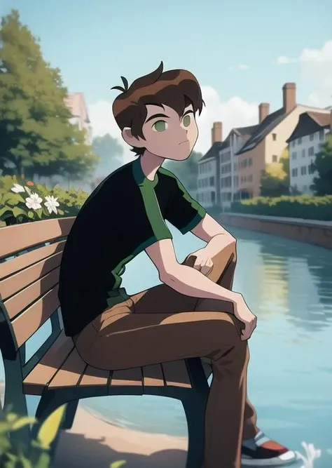 <lora:benov-04:1> benov, sitting on bench, outdoors, river background, European houses, ,, masterpiece, best quality