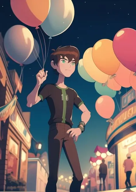 <lora:benov-04:1> benov, full body, detailed background, holding balloons in hand, balloons in hand, in carnival, night time, festival, night, outdoors, public festival carival,, masterpiece, best quality