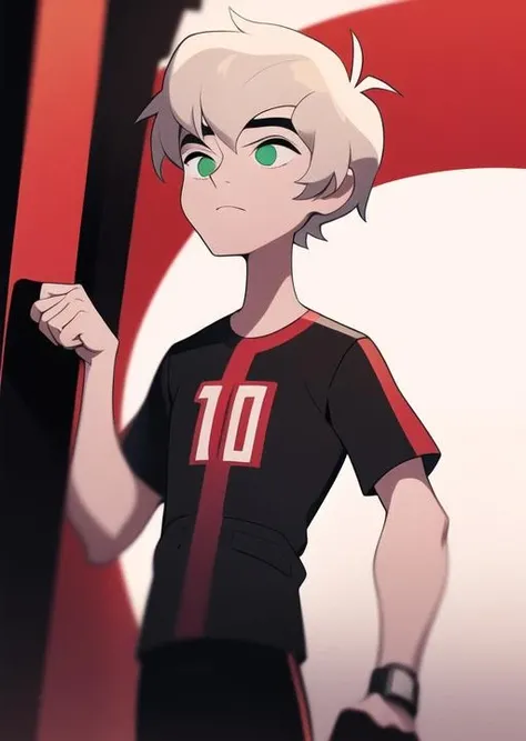 <lora:benov-04:1> benov, white hair, eye bags, red shirt, black stripe on shirt, black pants,, masterpiece, best quality