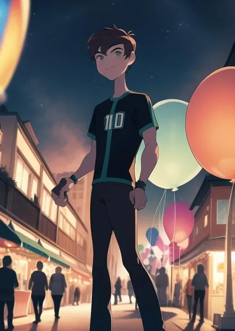 <lora:benov-04:1> benov, full body, detailed background, holding balloons in hand, balloons in hand, in carnival, night time, festival, night, outdoors, public festival carival,, masterpiece, best quality