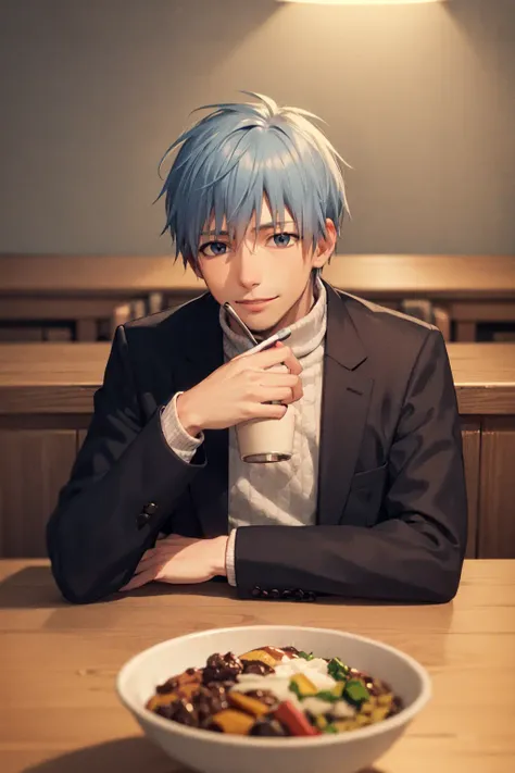(masterpiece, best quality:1.2), <lora:kb_kuroko-10:0.8>, upper body, solo, male focus, 1boy, kuroko tetsuya, smile, closed mouth, turtleneck, long sleeves, indoors, table, bowl of food, cup