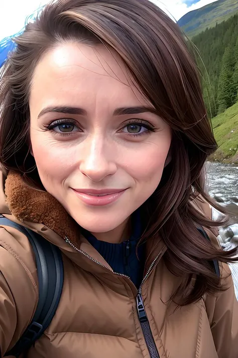 ((selfie)) photo of Ann3Mc4lpin301, smiling, outdoors, mountains, wearing a backpack, sweater, and hiking jacket, rocks, river, wood, analog style (look at viewer:1.2) (skin texture), close up, cinematic light, sidelighting, Fujiflim XT3, DSLR, 50mm