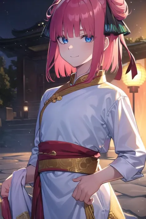 ninonakano, <lora:ninonakanotest:1>,
nino nakano, short hair, bangs, blue eyes, hair ornament, hair ribbon, pink hair, blunt bangs, two side up, butterfly hair ornament, smile,
BREAK chinese clothes, hair bun, double hair bun,
BREAK outdoors, shrine, fireworks, dragon, lanterns, <lora:PAseerEasternDragonV3:0.8>, (eastern dragon:1.5),
BREAK looking at viewer, (cowboy shot:1.5),
BREAK <lyco:GoodHands-beta2:1>, (masterpiece:1.2), best quality, high resolution, unity 8k wallpaper, (illustration:0.8), (beautiful detailed eyes:1.6), extremely detailed face, perfect lighting, extremely detailed CG, (perfect hands, perfect anatomy),