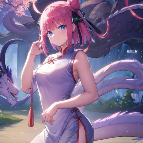 ninonakano, <lora:ninonakanotest:1>,
nino nakano, short hair, bangs, blue eyes, hair ornament, hair ribbon, pink hair, blunt bangs, two side up, butterfly hair ornament, smile,
BREAK chinese clothes, hair bun, double hair bun,
BREAK outdoors, shrine, fireworks, dragon, lanterns, <lora:PAseerEasternDragonV3:0.8>, (eastern dragon:1.5),
BREAK looking at viewer, (cowboy shot:1.5),
BREAK <lyco:GoodHands-beta2:1>, (masterpiece:1.2), best quality, high resolution, unity 8k wallpaper, (illustration:0.8), (beautiful detailed eyes:1.6), extremely detailed face, perfect lighting, extremely detailed CG, (perfect hands, perfect anatomy),