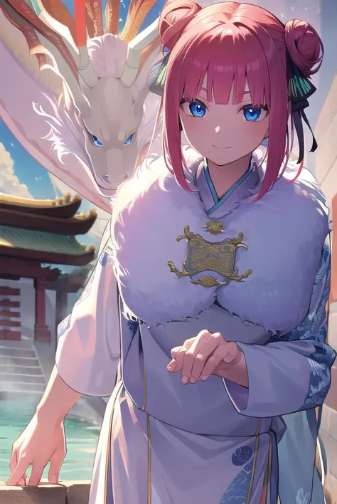 ninonakano, <lora:ninonakanotest:1>,
nino nakano, short hair, bangs, blue eyes, hair ornament, hair ribbon, pink hair, blunt bangs, two side up, butterfly hair ornament, smile,
BREAK chinese clothes, hair bun, double hair bun,
BREAK outdoors, shrine, fireworks, dragon, lanterns, <lora:PAseerEasternDragonV3:0.8>, (eastern dragon:1.5),
BREAK looking at viewer, (cowboy shot:1.5),
BREAK <lyco:GoodHands-beta2:1>, (masterpiece:1.2), best quality, high resolution, unity 8k wallpaper, (illustration:0.8), (beautiful detailed eyes:1.6), extremely detailed face, perfect lighting, extremely detailed CG, (perfect hands, perfect anatomy),