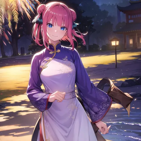 ninonakano, <lora:ninonakanotest:1>,
nino nakano, short hair, bangs, blue eyes, hair ornament, hair ribbon, pink hair, blunt bangs, two side up, butterfly hair ornament, smile,
BREAK chinese clothes, hair bun, double hair bun,
BREAK outdoors, shrine, fireworks, dragon, lanterns, <lora:PAseerEasternDragonV3:0.75>, (eastern dragon:1.2),
BREAK looking at viewer, (cowboy shot:1.5),
BREAK <lyco:GoodHands-beta2:1>, (masterpiece:1.2), best quality, high resolution, unity 8k wallpaper, (illustration:0.8), (beautiful detailed eyes:1.6), extremely detailed face, perfect lighting, extremely detailed CG, (perfect hands, perfect anatomy),