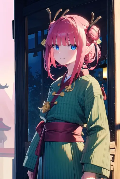 ninonakano, <lora:ninonakanotest:1>,
nino nakano, short hair, bangs, blue eyes, hair ornament, hair ribbon, pink hair, blunt bangs, two side up, butterfly hair ornament, smile,
BREAK chinese clothes, hair bun, double hair bun,
BREAK outdoors, shrine, fireworks, dragon, lanterns, <lora:PAseerEasternDragonV3:0.8>, (eastern dragon:1.5),
BREAK looking at viewer, (cowboy shot:1.5),
BREAK <lyco:GoodHands-beta2:1>, (masterpiece:1.2), best quality, high resolution, unity 8k wallpaper, (illustration:0.8), (beautiful detailed eyes:1.6), extremely detailed face, perfect lighting, extremely detailed CG, (perfect hands, perfect anatomy),