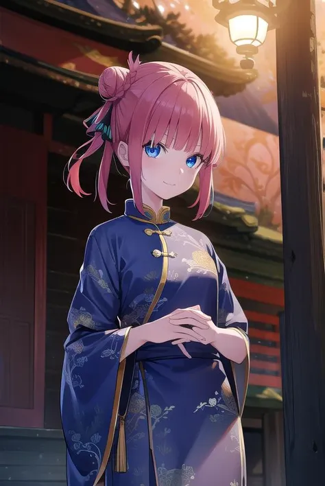 ninonakano, <lora:ninonakanotest:1>,
nino nakano, short hair, bangs, blue eyes, hair ornament, hair ribbon, pink hair, blunt bangs, two side up, butterfly hair ornament, smile,
BREAK chinese clothes, hair bun, double hair bun,
BREAK outdoors, shrine, fireworks, dragon, lanterns, <lora:PAseerEasternDragonV3:0.8>, (eastern dragon:1.5),
BREAK looking at viewer, (cowboy shot:1.5),
BREAK <lyco:GoodHands-beta2:1>, (masterpiece:1.2), best quality, high resolution, unity 8k wallpaper, (illustration:0.8), (beautiful detailed eyes:1.6), extremely detailed face, perfect lighting, extremely detailed CG, (perfect hands, perfect anatomy),