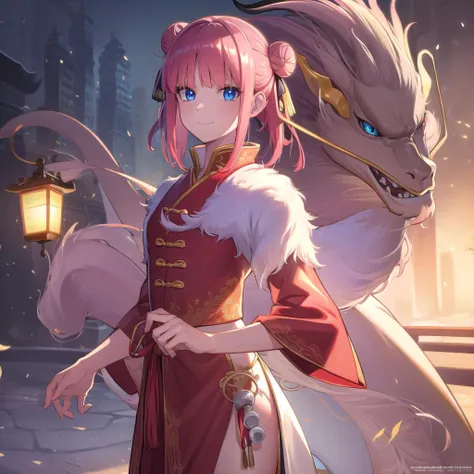 ninonakano, <lora:ninonakanotest:1>,
nino nakano, short hair, bangs, blue eyes, hair ornament, hair ribbon, pink hair, blunt bangs, two side up, butterfly hair ornament, smile,
BREAK chinese clothes, hair bun, double hair bun,
BREAK outdoors, shrine, fireworks, dragon, lanterns, <lora:PAseerEasternDragonV3:0.75>, (eastern dragon:1.5),
BREAK looking at viewer, (cowboy shot:1.5),
BREAK <lyco:GoodHands-beta2:1>, (masterpiece:1.2), best quality, high resolution, unity 8k wallpaper, (illustration:0.8), (beautiful detailed eyes:1.6), extremely detailed face, perfect lighting, extremely detailed CG, (perfect hands, perfect anatomy),