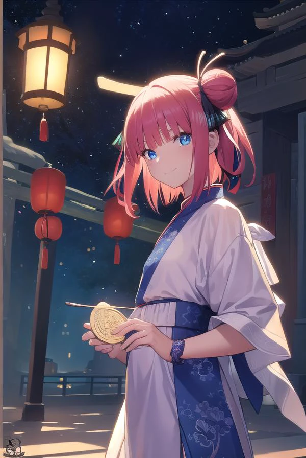 ninonakano, <lora:ninonakanotest:1>,
nino nakano, short hair, bangs, blue eyes, hair ornament, hair ribbon, pink hair, blunt bangs, two side up, butterfly hair ornament, smile,
BREAK chinese clothes, hair bun, double hair bun,
BREAK outdoors, shrine, fireworks, dragon, lanterns, <lora:PAseerEasternDragonV3:0.8>, (eastern dragon:1.5),
BREAK looking at viewer, (cowboy shot:1.5),
BREAK <lyco:GoodHands-beta2:1>, (masterpiece:1.2), best quality, high resolution, unity 8k wallpaper, (illustration:0.8), (beautiful detailed eyes:1.6), extremely detailed face, perfect lighting, extremely detailed CG, (perfect hands, perfect anatomy),