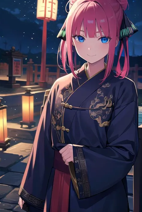 ninonakano, <lora:ninonakanotest:1>,
nino nakano, short hair, bangs, blue eyes, hair ornament, hair ribbon, pink hair, blunt bangs, two side up, butterfly hair ornament, smile,
BREAK chinese clothes, hair bun, double hair bun,
BREAK outdoors, shrine, fireworks, dragon, lanterns, <lora:PAseerEasternDragonV3:0.8>, (eastern dragon:1.5),
BREAK looking at viewer, (cowboy shot:1.5),
BREAK <lyco:GoodHands-beta2:1>, (masterpiece:1.2), best quality, high resolution, unity 8k wallpaper, (illustration:0.8), (beautiful detailed eyes:1.6), extremely detailed face, perfect lighting, extremely detailed CG, (perfect hands, perfect anatomy),