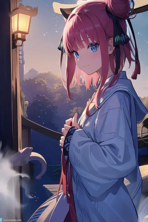 ninonakano, <lora:ninonakanotest:1>,
nino nakano, short hair, bangs, blue eyes, hair ornament, hair ribbon, pink hair, blunt bangs, two side up, butterfly hair ornament, smile,
BREAK chinese clothes, hair bun, double hair bun,
BREAK outdoors, shrine, fireworks, dragon, lanterns, <lora:PAseerEasternDragonV3:0.8>, (eastern dragon:1.5),
BREAK looking at viewer, (cowboy shot:1.5),
BREAK <lyco:GoodHands-beta2:1>, (masterpiece:1.2), best quality, high resolution, unity 8k wallpaper, (illustration:0.8), (beautiful detailed eyes:1.6), extremely detailed face, perfect lighting, extremely detailed CG, (perfect hands, perfect anatomy),