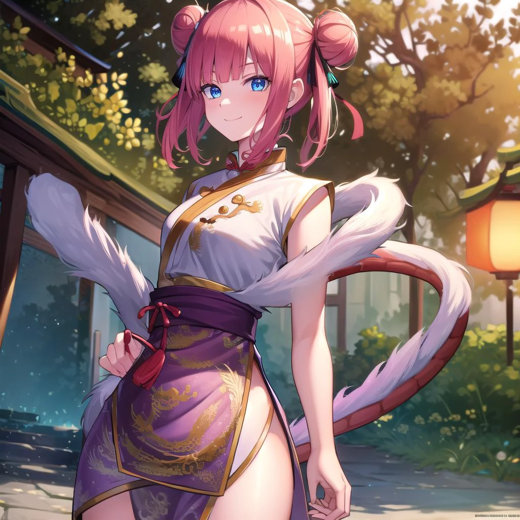 ninonakano, <lora:ninonakanotest:1>,
nino nakano, short hair, bangs, blue eyes, hair ornament, hair ribbon, pink hair, blunt bangs, two side up, butterfly hair ornament, smile,
BREAK chinese clothes, hair bun, double hair bun,
BREAK outdoors, shrine, fireworks, dragon, lanterns, <lora:PAseerEasternDragonV3:0.8>, (eastern dragon:1.5),
BREAK looking at viewer, (cowboy shot:1.5),
BREAK <lyco:GoodHands-beta2:1>, (masterpiece:1.2), best quality, high resolution, unity 8k wallpaper, (illustration:0.8), (beautiful detailed eyes:1.6), extremely detailed face, perfect lighting, extremely detailed CG, (perfect hands, perfect anatomy),