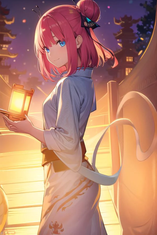 ninonakano, <lora:ninonakanotest:1>,
nino nakano, short hair, bangs, blue eyes, hair ornament, hair ribbon, pink hair, blunt bangs, two side up, butterfly hair ornament, smile,
BREAK chinese clothes, hair bun, double hair bun,
BREAK outdoors, shrine, fireworks, dragon, lanterns, <lora:PAseerEasternDragonV3:0.8>, (eastern dragon:1.5),
BREAK looking at viewer, (cowboy shot:1.5),
BREAK <lyco:GoodHands-beta2:1>, (masterpiece:1.2), best quality, high resolution, unity 8k wallpaper, (illustration:0.8), (beautiful detailed eyes:1.6), extremely detailed face, perfect lighting, extremely detailed CG, (perfect hands, perfect anatomy),