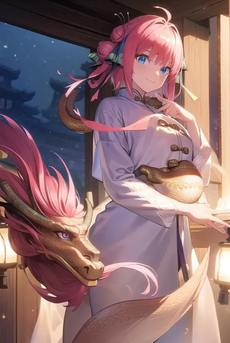 ninonakano, <lora:ninonakanotest:1>,
nino nakano, short hair, bangs, blue eyes, hair ornament, hair ribbon, pink hair, blunt bangs, two side up, butterfly hair ornament, smile,
BREAK chinese clothes, hair bun, double hair bun,
BREAK outdoors, shrine, fireworks, dragon, lanterns, <lora:PAseerEasternDragonV3:0.8>, (eastern dragon:1.5),
BREAK looking at viewer, (cowboy shot:1.5),
BREAK <lyco:GoodHands-beta2:1>, (masterpiece:1.2), best quality, high resolution, unity 8k wallpaper, (illustration:0.8), (beautiful detailed eyes:1.6), extremely detailed face, perfect lighting, extremely detailed CG, (perfect hands, perfect anatomy),