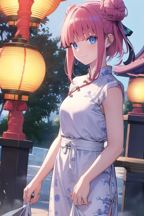 ninonakano, <lora:ninonakanotest:1>,
nino nakano, short hair, bangs, blue eyes, hair ornament, hair ribbon, pink hair, blunt bangs, two side up, butterfly hair ornament, smile,
BREAK chinese clothes, hair bun, double hair bun,
BREAK outdoors, shrine, fireworks, dragon, lanterns, <lora:PAseerEasternDragonV3:0.8>, (eastern dragon:1.5),
BREAK looking at viewer, (cowboy shot:1.5),
BREAK <lyco:GoodHands-beta2:1>, (masterpiece:1.2), best quality, high resolution, unity 8k wallpaper, (illustration:0.8), (beautiful detailed eyes:1.6), extremely detailed face, perfect lighting, extremely detailed CG, (perfect hands, perfect anatomy),