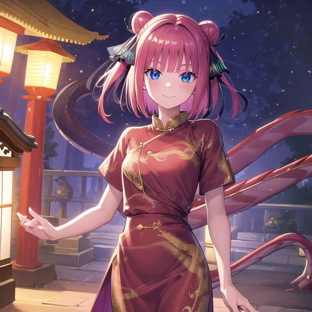 ninonakano, <lora:ninonakanotest:1>,
nino nakano, short hair, bangs, blue eyes, hair ornament, hair ribbon, pink hair, blunt bangs, two side up, butterfly hair ornament, smile,
BREAK chinese clothes, hair bun, double hair bun,
BREAK outdoors, shrine, fireworks, (dragon:1.5), lanterns, <lora:PAseerEasternDragonV3:0.75>, eastern dragon,
BREAK looking at viewer, (cowboy shot:1.5),
BREAK <lyco:GoodHands-beta2:1>, (masterpiece:1.2), best quality, high resolution, unity 8k wallpaper, (illustration:0.8), (beautiful detailed eyes:1.6), extremely detailed face, perfect lighting, extremely detailed CG, (perfect hands, perfect anatomy),