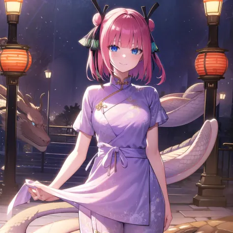 ninonakano, <lora:ninonakanotest:1>,
nino nakano, short hair, bangs, blue eyes, hair ornament, hair ribbon, pink hair, blunt bangs, two side up, butterfly hair ornament, smile,
BREAK chinese clothes, hair bun, double hair bun,
BREAK outdoors, shrine, fireworks, dragon, lanterns, <lora:PAseerEasternDragonV3:0.75>, (eastern dragon:1.5),
BREAK looking at viewer, (cowboy shot:1.5),
BREAK <lyco:GoodHands-beta2:1>, (masterpiece:1.2), best quality, high resolution, unity 8k wallpaper, (illustration:0.8), (beautiful detailed eyes:1.6), extremely detailed face, perfect lighting, extremely detailed CG, (perfect hands, perfect anatomy),