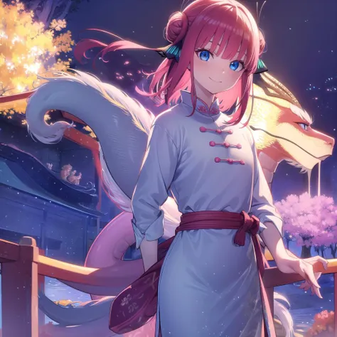 ninonakano, <lora:ninonakanotest:1>,
nino nakano, short hair, bangs, blue eyes, hair ornament, hair ribbon, pink hair, blunt bangs, two side up, butterfly hair ornament, smile,
BREAK chinese clothes, hair bun, double hair bun,
BREAK outdoors, shrine, fireworks, dragon, lanterns, <lora:PAseerEasternDragonV3:0.75>, (eastern dragon:1.5),
BREAK looking at viewer, (cowboy shot:1.5),
BREAK <lyco:GoodHands-beta2:1>, (masterpiece:1.2), best quality, high resolution, unity 8k wallpaper, (illustration:0.8), (beautiful detailed eyes:1.6), extremely detailed face, perfect lighting, extremely detailed CG, (perfect hands, perfect anatomy),