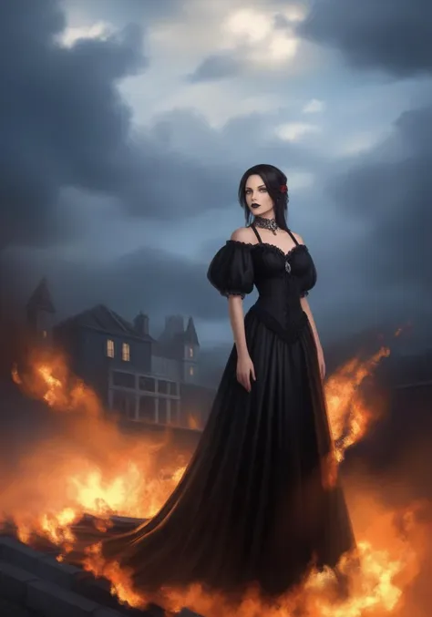 very complex hyper-maximalist overdetailed cinematic, elegant gothic dress, epic clouds, painting by Rembrandt, portrait, house on fire, horror