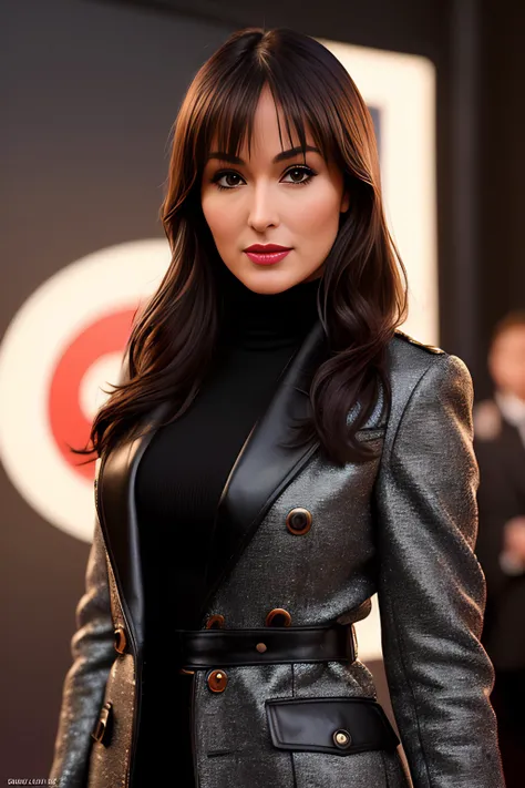 photo of (jam33la:0.99), a woman as a movie star, modelshoot style, (extremely detailed CG unity 8k wallpaper), photo of the most beautiful artwork in the world, professional majestic oil painting by Ed Blinkey, Atey Ghailan, Studio Ghibli, by Jeremy Mann, Greg Manchess, Antonio Moro, trending on ArtStation, trending on CGSociety, Intricate, High Detail, Sharp focus, dramatic, photorealistic painting art by midjourney and greg rutkowski, (long brown coat), (turtleneck), ((comicon event)), (leather trousers), ((standing on the red carpet)), ((paparazzi in the background)), (looking at viewer), (detailed pupils:1.3), (modern outfit:1.2), (closeup), red lips, (eye shadow)