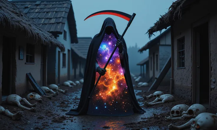 an 8K cinematic photograph, an ominous and detailed scene set in the year 1500 where a cloaked figure holding a scythe is standing in the middle of a dirty plague-ravaged dark middle ages peasant village of animal-skin huts with rotting corpses lining the streets, in the pitch black darkness of night. The figure should be semi-transparent within a thick multicolored glowing cosmic nebula aura rising up from his feet with complex galaxies visible throughout the folds of the cloak. The moaning souls crying in penitence are iridescent, visible as they migrate from the piles of dead bodies and into the cloaked figure. The scene should convey a blend of unsettling and mystical wonder, as if two different worlds are colliding. While a sense of death permeates, it is also as if there is a joyful release of suffering. MHXL  
, UHD, ultra detailed, beautiful lighting, great composition